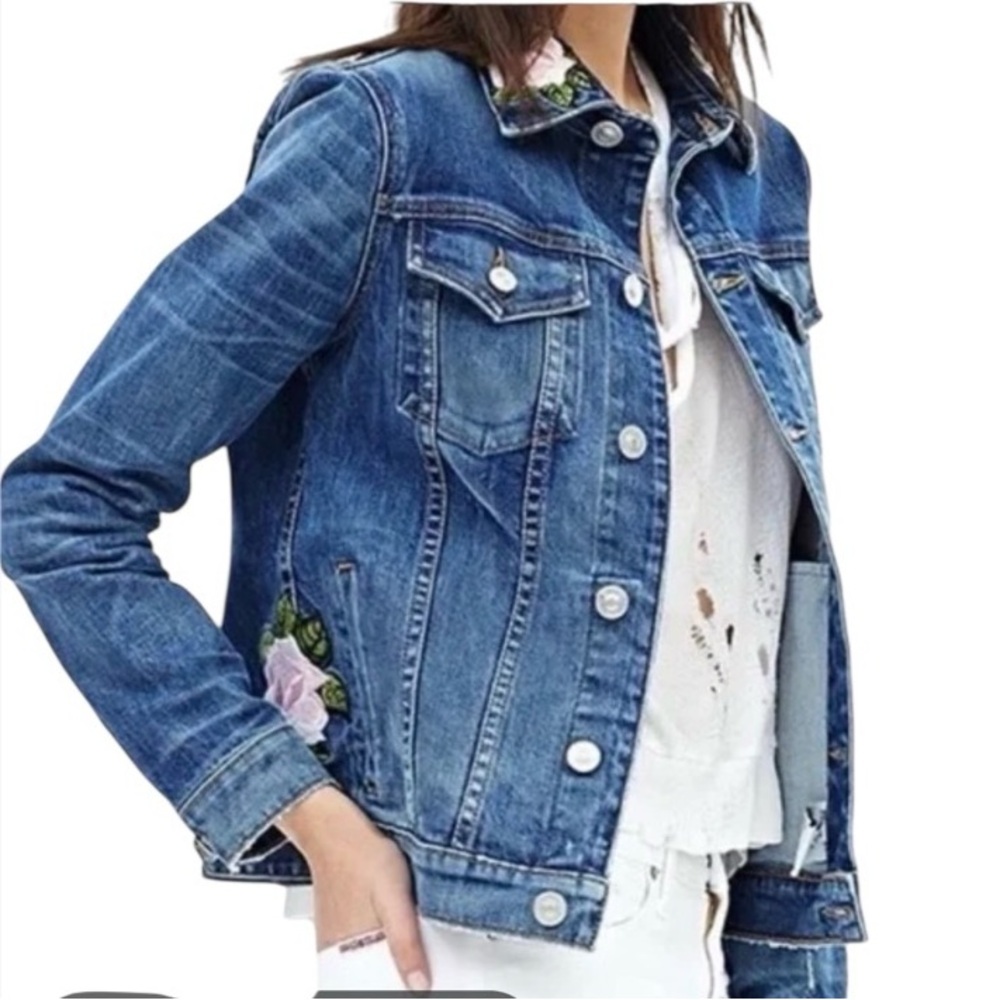Hudson Distressed the classic rose embroidered denim Jean Jacket size XS - Picture 1 of 12